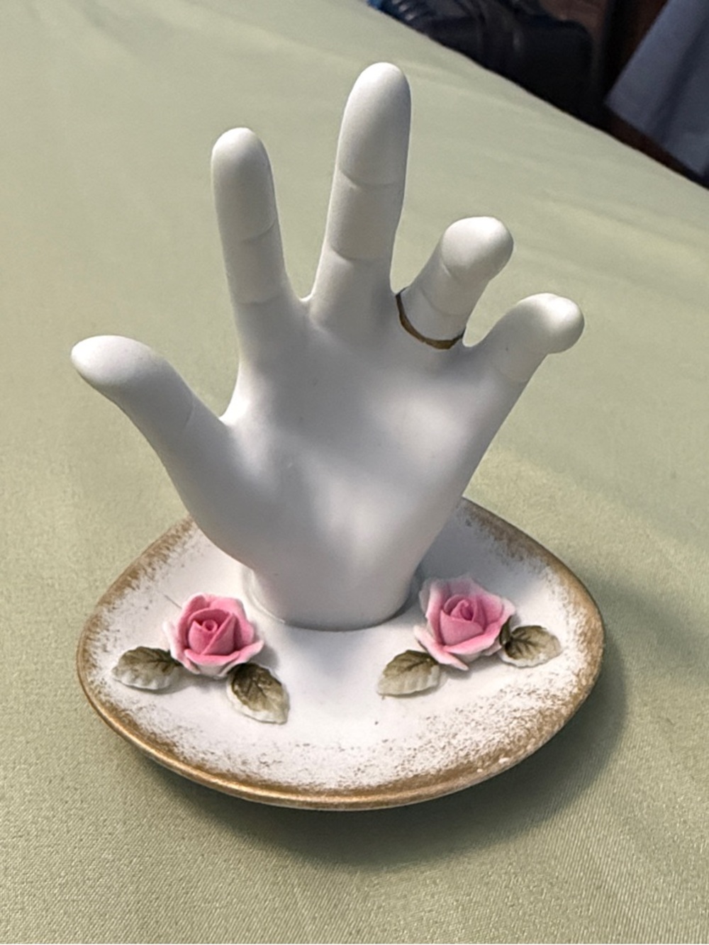 Vintage White Ceramic Hand Ring Holder Dish with Pink Rose Accents